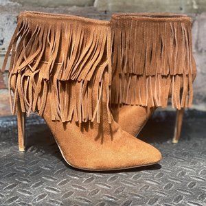 JustFab Ameelia Brown Fringe Pointed Toe Bootie